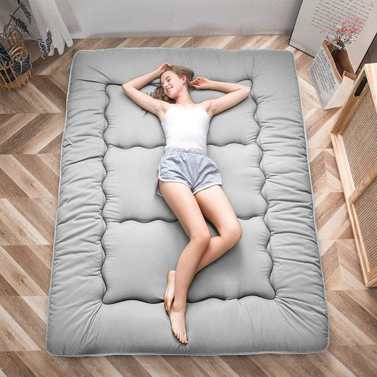 Maxyoyo Japans vloermatras, futon-matras, dikkere tatami-mat, slaapkussen, opvouwbaar, oprolbaar matras, slaapzaal, matras, vloerligstoel, kussen, bed (grijs, tweepersoons)