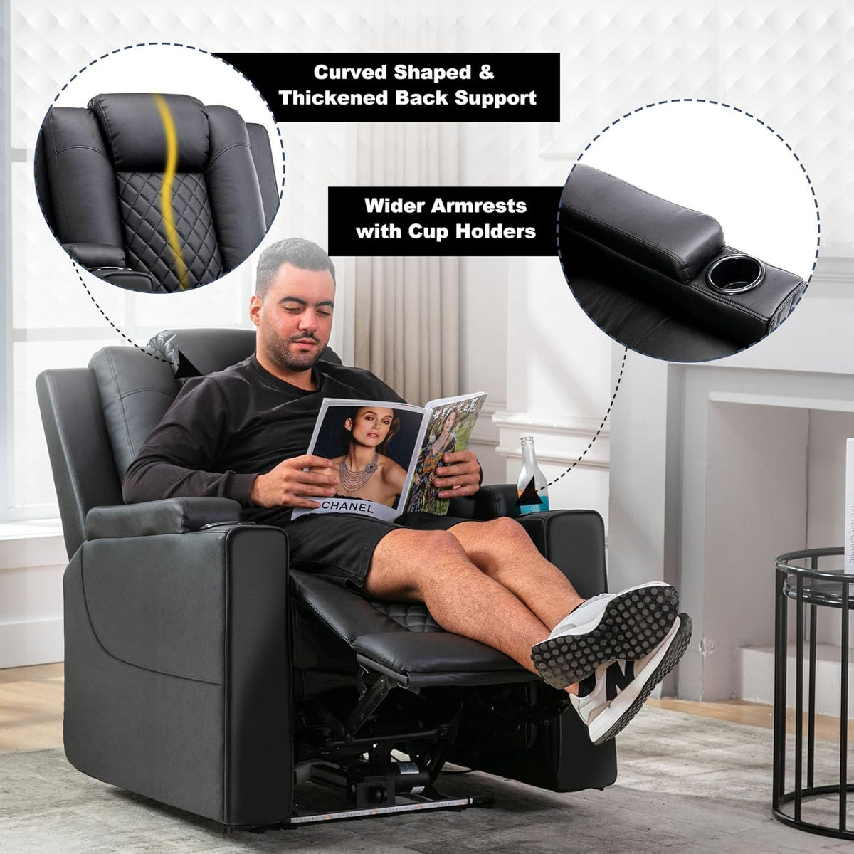 Elektrische Relaxfauteuil – Verstelbare Relaxstoel – Tv Stoel – Massagefauteuil – Zwarte Kunstleren Fauteuil – Traploos Verstelbare Rugleuning – Ingebouwde LED-Verlichting
