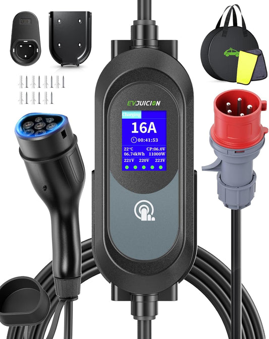EVJUICION Mobiele Wallbox 11kW 8M [3-fasen 6A-16A IP67] Type 2 oplaadkabel 11kW CEE 16A naar Type 2, EV-oplader met 2,4'' LCD-scherm en kabelhouder, Mobiele laadstation Geprogrammeerde oplaadtijd 0