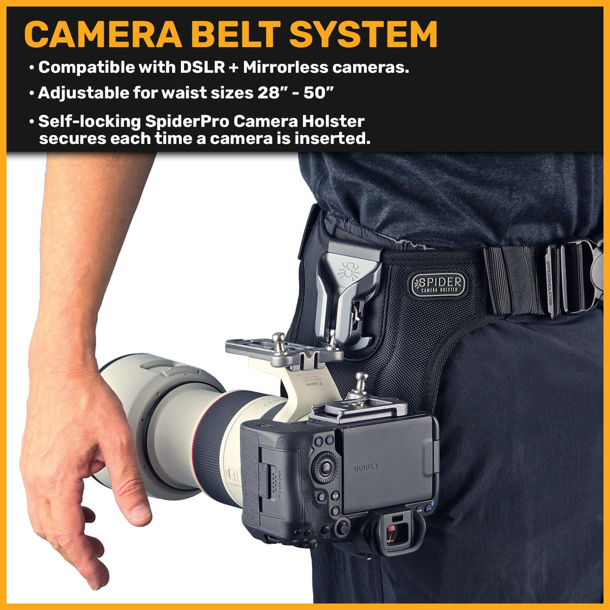 Spider Holster SpiderPro Uniek camerasysteem v2 professionele transportset voor DSLR-camera's en spiegelloze camera's en zware uitrusting. Inclusief riem met geïntegreerde hoes