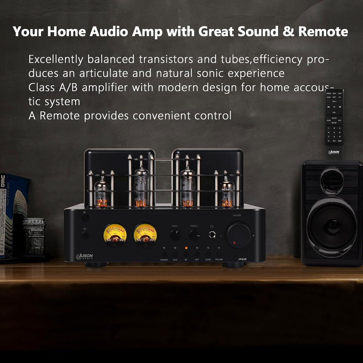 Juson Audio JTA50 Buisversterker Instapniveau Hifi-versterker met BT 5.0, afstandsbediening, AUX, COAX, Phono en USB-ingang, subwoofer uit, 2.1CH voor draaitafel (JTA50)