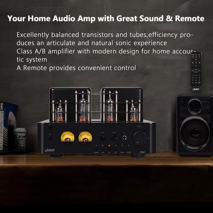 Juson Audio JTA50 Buisversterker Instapniveau Hifi-versterker met BT 5.0, afstandsbediening, AUX, COAX, Phono en USB-ingang, subwoofer uit, 2.1CH voor draaitafel (JTA50)