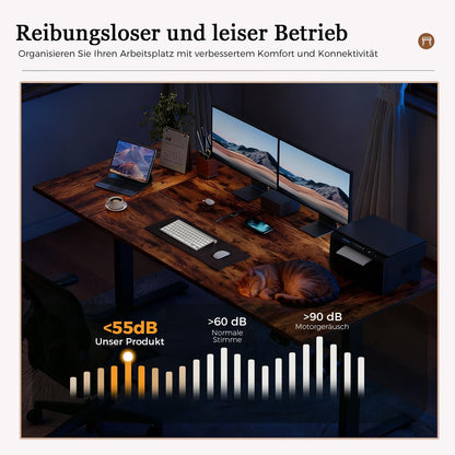 Klicelor elektrisch in hoogte verstelbaar bureau, 160 x 80 cm zit-sta bureaumeubel, computertafel met geheugenfunctie, sta-bureau, gametafel met vierdelig blad, Bruin