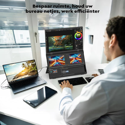 HONGO Portable Monitor for Laptop, 15.6 Inch 1080P FHD Dual Screen IPS, Portable Screen 360°Rotación and USB-C Port, Portable Monitor for Laptop/PC/Mac/PS4/5/X-BO/Teléfono (No Driver) - QUORE
