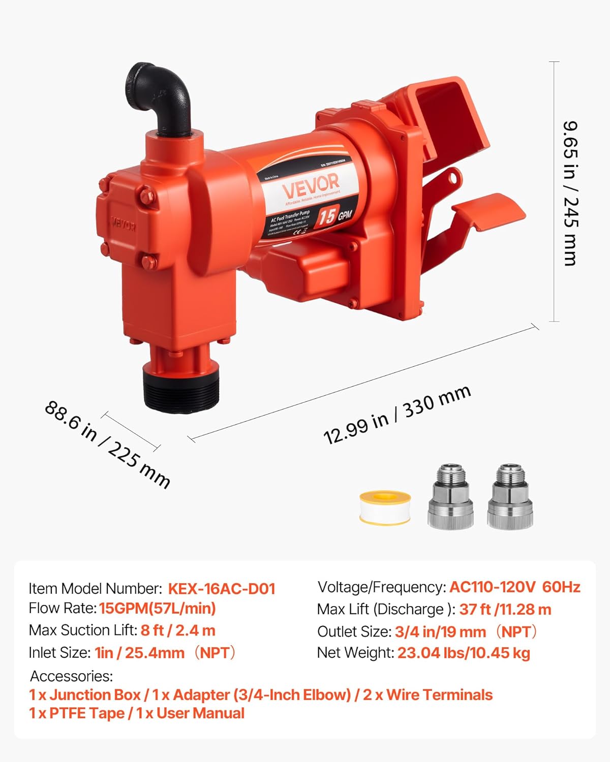 VEVOR Brandstoftransferpomp, 230 V AC, elektrische dieseltransferpomp, 57 l/min, maximale zuighoogte 2,4 m, maximale opvoerhoogte 11,28 m, voor benzine, kerosine, biodiesel, ethanol