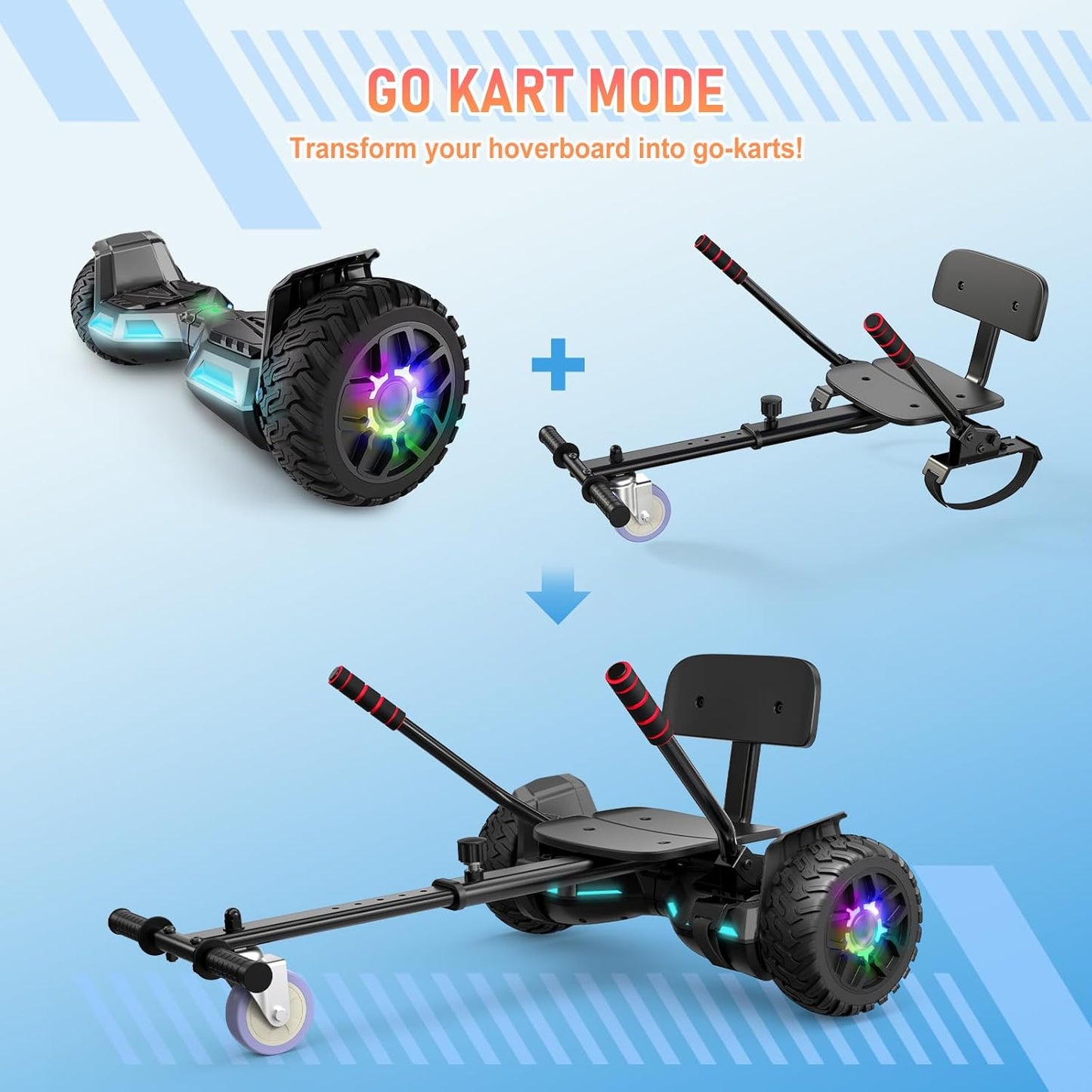 Scooter met zitting, 21,6 cm (8,5 inch), go-cart, combo met kleurrijke led-lampjes en bluetooth, voor kinderen, jongens, meisjes, volwassenen, alle leeftijden