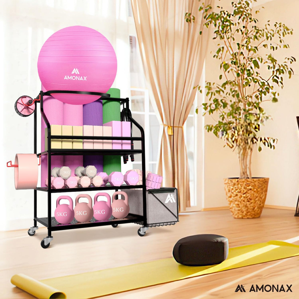 Amonax Home Gym Opslag Halterrek, Gewichtsstandaard Kettlebell Rack Yoga Mat Houder Rack voor Barbell Pad Weerstandsband Foam Roller, Fitness Accessoires Organizer Workout Apparatuur voor Vrouwen