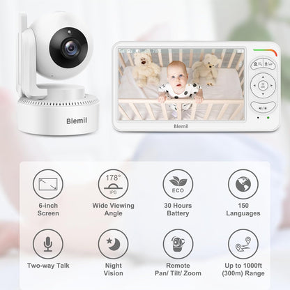 Blemil Babyfoon, Video Babyfoon met 2 Camera's en Audio, 6 IPS Grote Split Screen Remote Pan/Tilt/Zoom Babyfoon, Videomonitorcamera's met helder nachtzicht en 30 uur batterij Levensduur