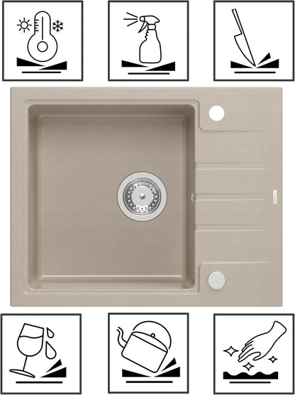 Quadron Granieten gootsteen, afmetingen 62 x 50 x 20 cm, kleur: beige en staal, PETER 116 enkele gootsteen, granieten spoelbak, met handmatige sifon en afdruipvlak
