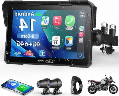 Motorfiets Navigatie – Motornavigatie – GPS Navigatie – CarPlay Scherm – Android Auto – 7 Inch Waterdicht Touchscreen – Dubbele 1080P Dashcam Voor en Achter