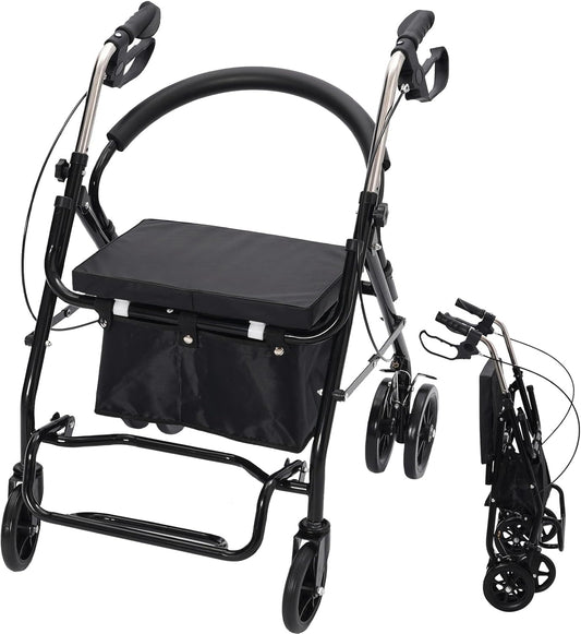 Vouwbaar en lichtgewicht rollator met zitting, winkelmandje, lichte wandelwagen voor senioren met in hoogte verstelbaar, stevige wielen, ideaal voor wandelen, winkelen en dagelijkse mobiliteit