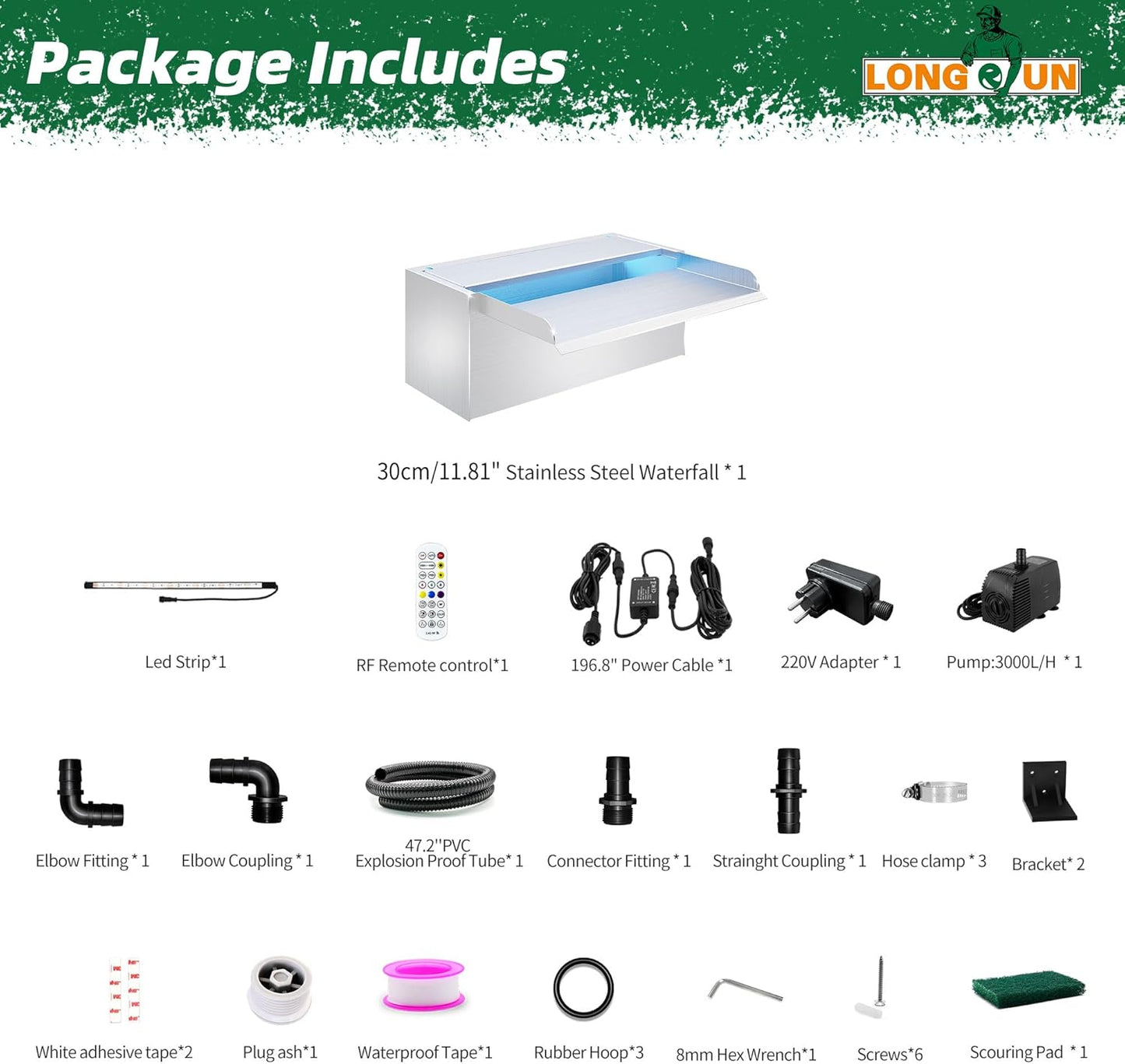 LONGRUN 30 cm vijver waterval, 304 roestvrij staal, zwembadwaterval met waterpomp, 7 kleuren Bluetooth LED tuinfontein