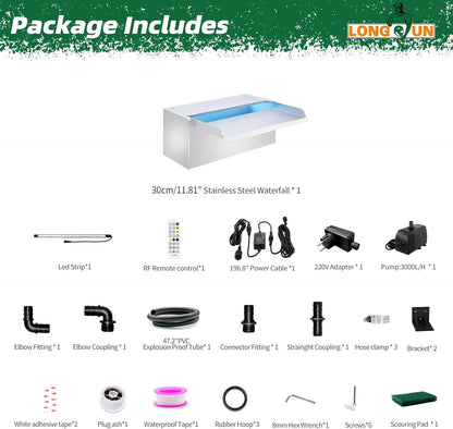 LONGRUN 30 cm vijver waterval, 304 roestvrij staal, zwembadwaterval met waterpomp, 7 kleuren Bluetooth LED tuinfontein