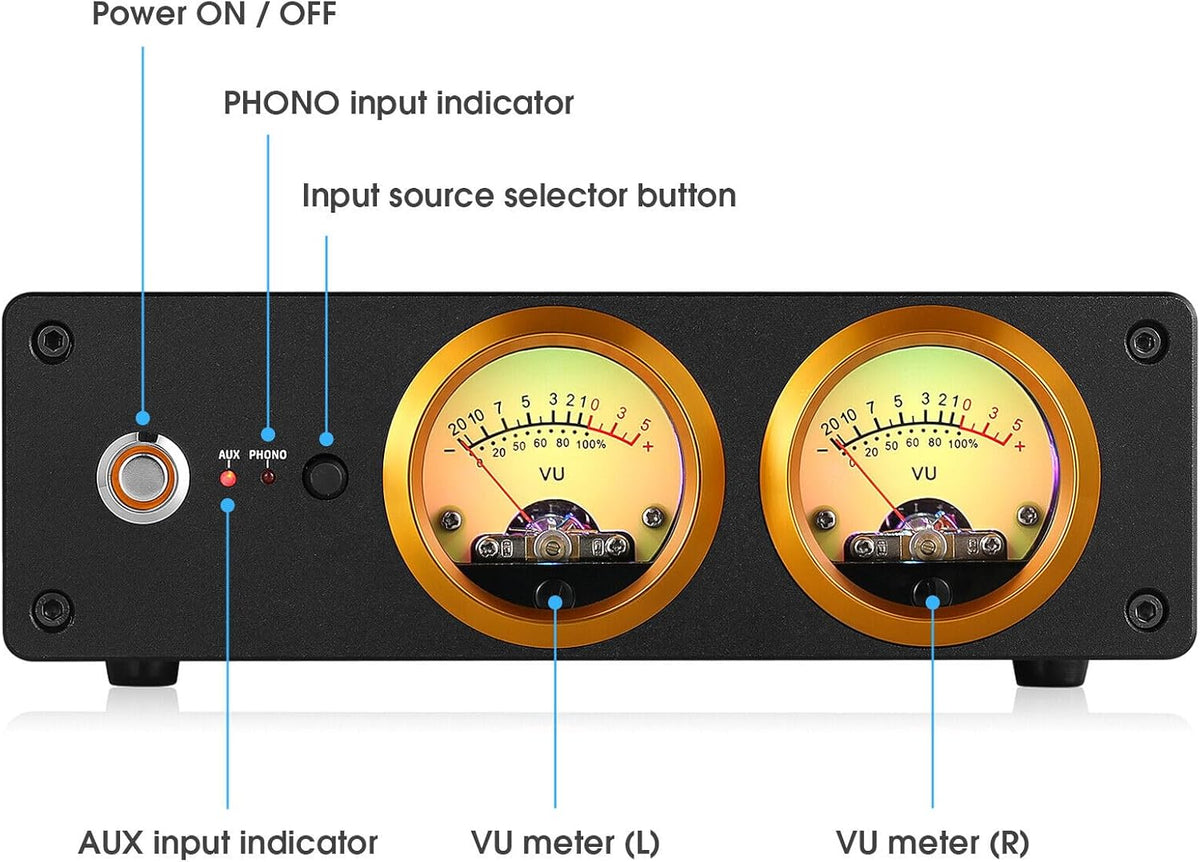 HiFi Phono Voorversterker voor MM platenspeler, hoofdtelefoonversterker met VU-meter (T13)