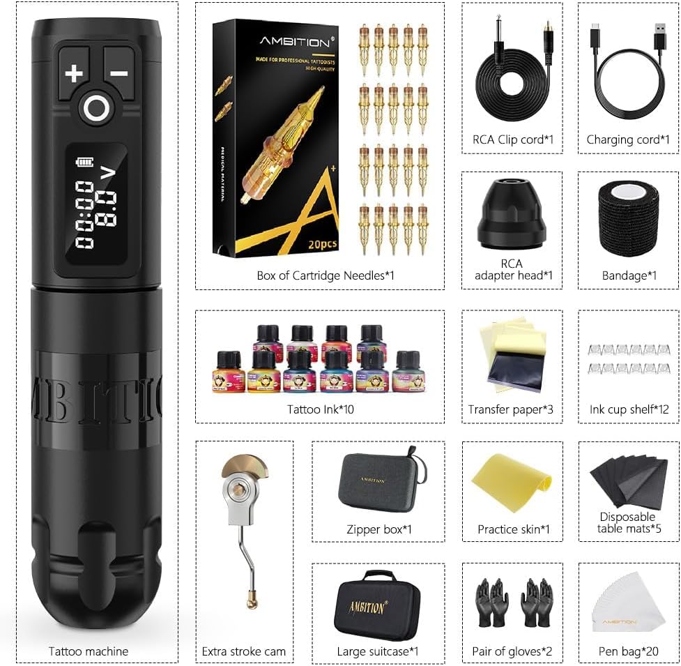 Ambition Soldier Tattoo Machine Kit Complete Rotary Wireless Tattoo Pen Gun Kit met 20 stuks Glory Tattoo Cartridge Naalden Oefenhuidbenodigdheden voor beginners en professionele artiesten