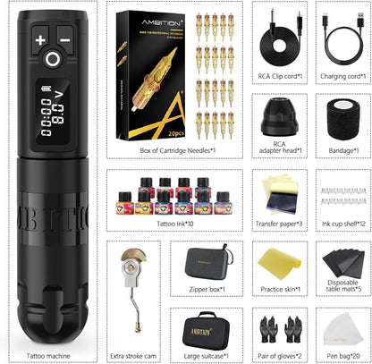 Ambition Soldier Tattoo Machine Kit Complete Rotary Wireless Tattoo Pen Gun Kit met 20 stuks Glory Tattoo Cartridge Naalden Oefenhuidbenodigdheden voor beginners en professionele artiesten