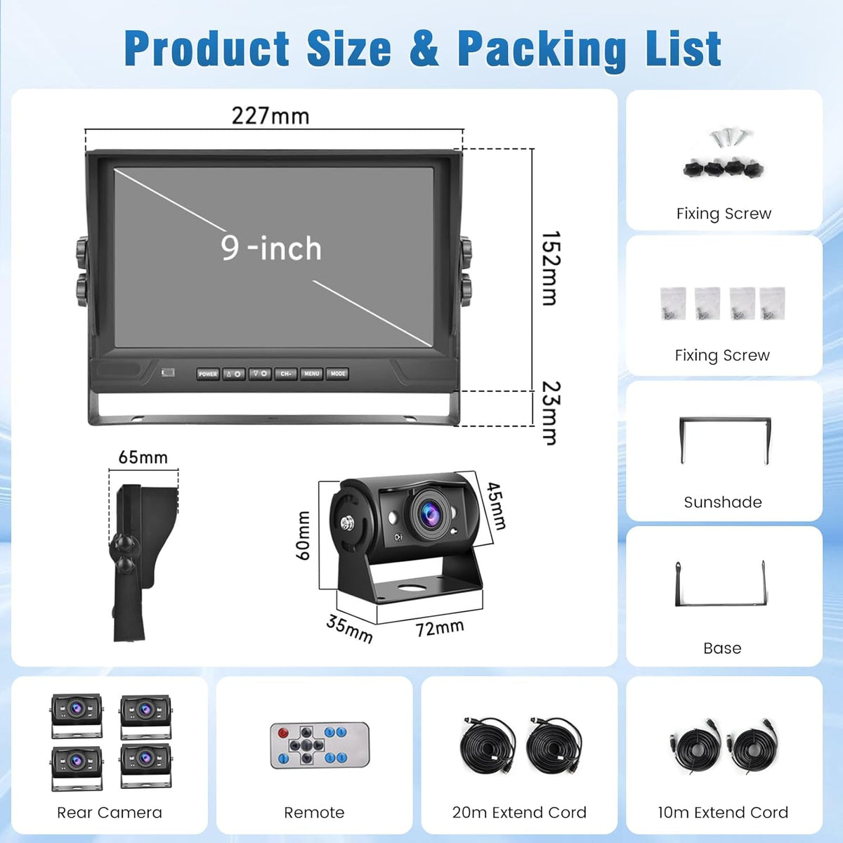1080p achteruitrijcameraset met 4 AHD-camera's, 9 inch DVR-quad-split-monitor, beschermingsklasse IP68, nachtzicht, voor- en achteruitrijcamera's met 2 x 10 m + 2 x 20 m kabels, geschikt voor