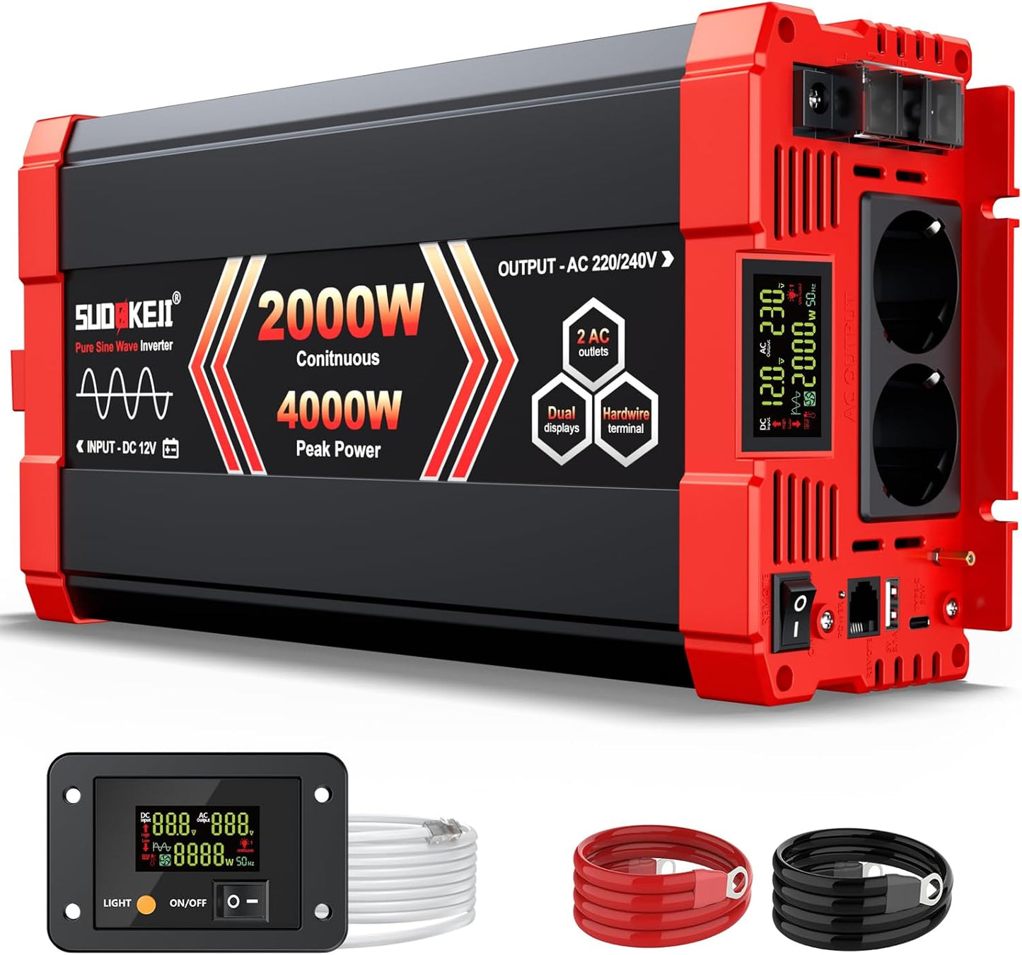 SUDOKEJI Omvormer, zuivere sinus, 2000 W/4000 W, spanningsomvormer, 12 V naar 230 V, EU-stopcontact met lcd-scherm en afstandsbediening, USB-poort voor auto, vrachtwagen, camping