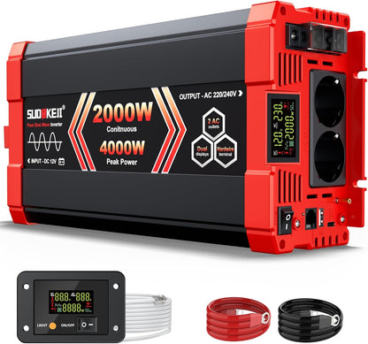 SUDOKEJI Omvormer, zuivere sinus, 2000 W/4000 W, spanningsomvormer, 12 V naar 230 V, EU-stopcontact met lcd-scherm en afstandsbediening, USB-poort voor auto, vrachtwagen, camping