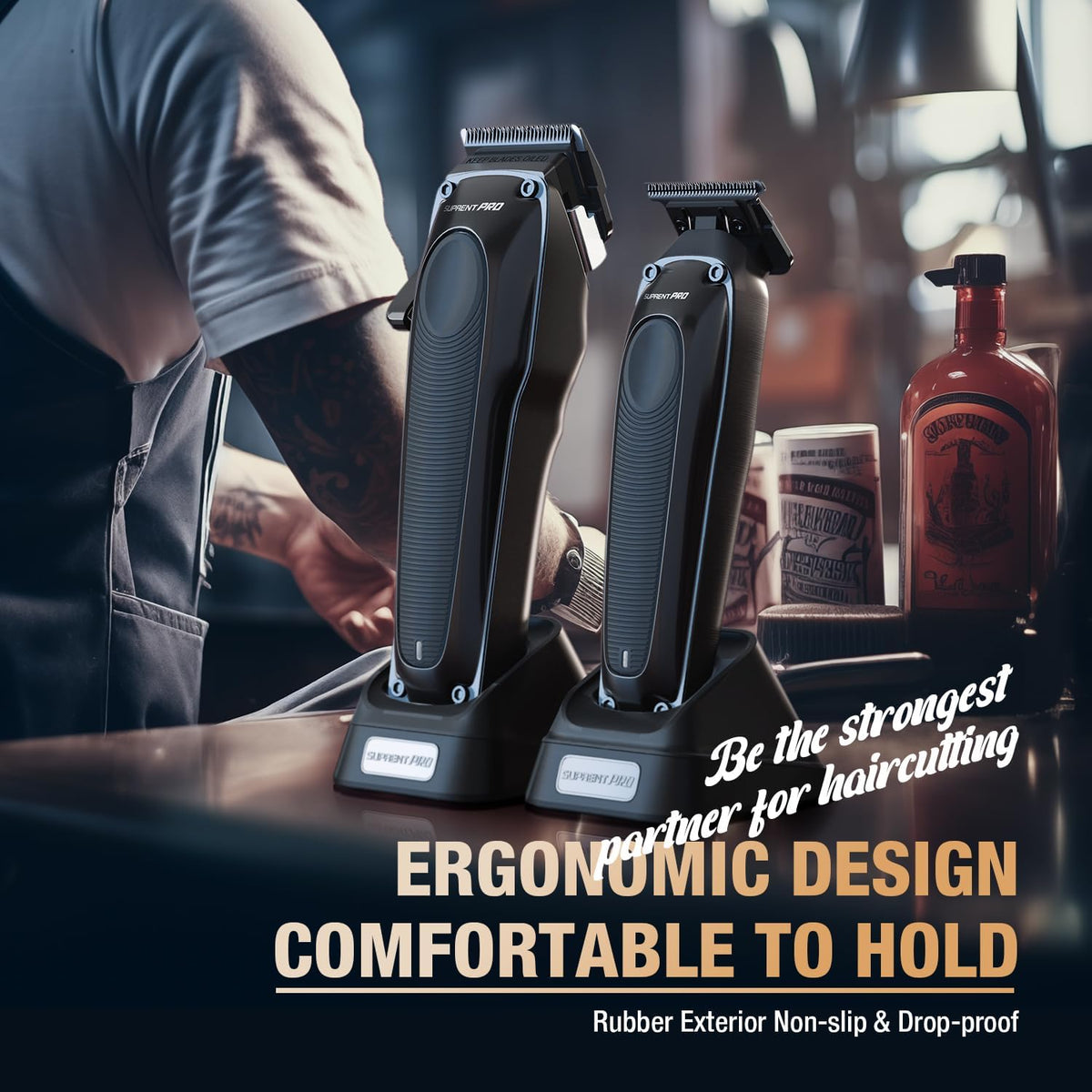 SUPRENT PRO Professionele Tondeuse voor Mannen - DLC Gecoat Mes Met Power Compensator Motor - Premium Set voor Kappers Met Oplaadbasis