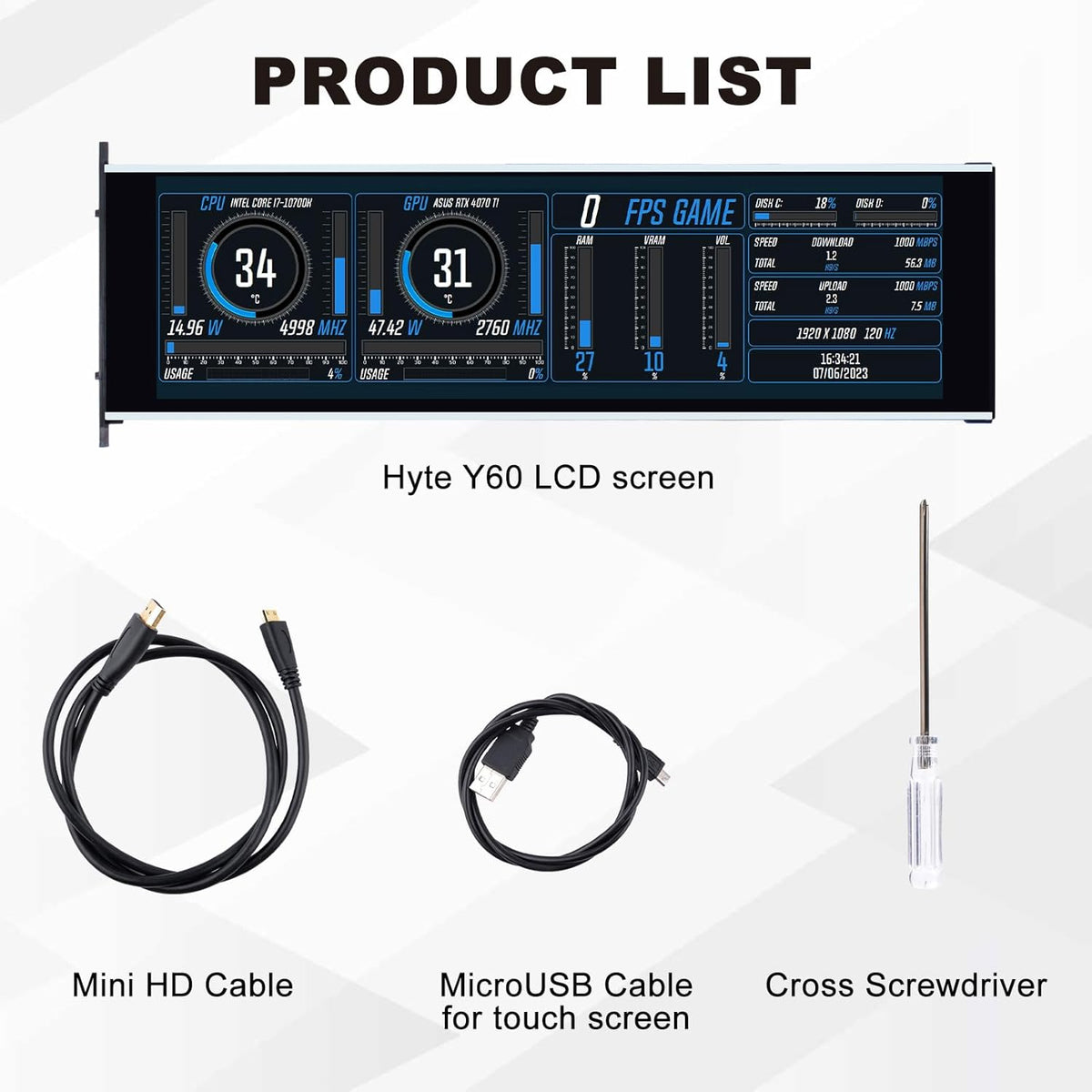 GeeekPi 12,6 inch IPS LCD-touchscreenmonitor FHD 1920x515-scherm, geschikt voor doe-het-zelf Y60 pc-behuizing CPU GPU secundair monitorpaneel, dubbele luidsprekers, met maximaal 10 multi-touch-punten