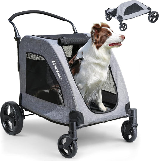 EchoSmile Hondenwagen voor middelgrote en grote honden tot 70 kg, opvouwbare hondenbuggy met netramen, verstelbare handgreep en 4 wielen voor terrein, grijs