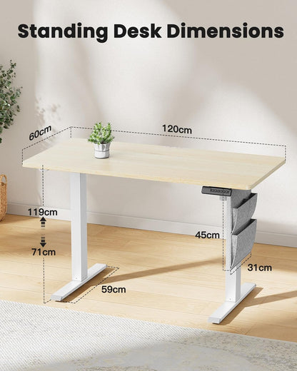 ErGear Stand Desk 120x60cm, Supports up to 80kg Height Adjustable Electric Standing Desk with Storage Bag, Sit-Stand Adjustable Desk with Backpack Hook and Memory Smart Panel for Home Office - QUORE