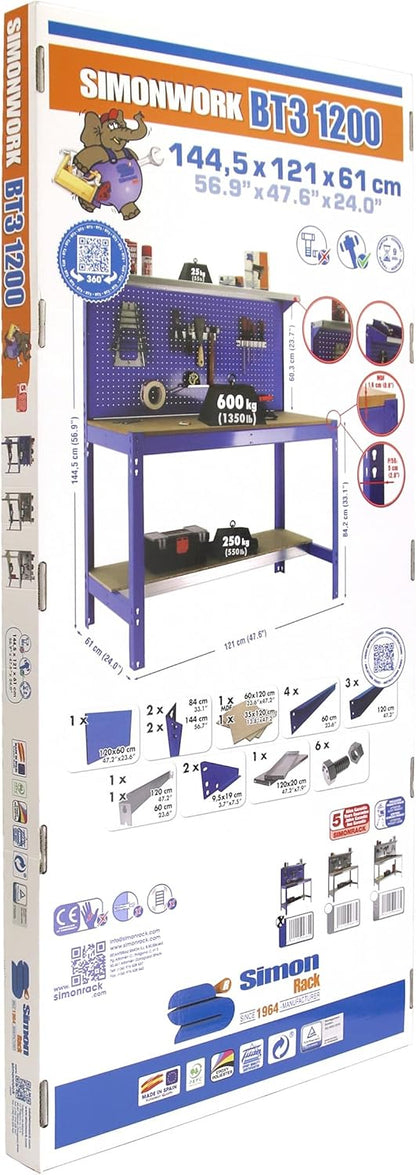 Simon Rack Sterke Werkbank met Bovenplank en Geperforeerd Paneel, 1445x910x610 mm, 400 kg Draagvermogen, Metalen Frame en Houten Werkblad, Compleet voor Werkplaats, Grijs/Hout – BT3