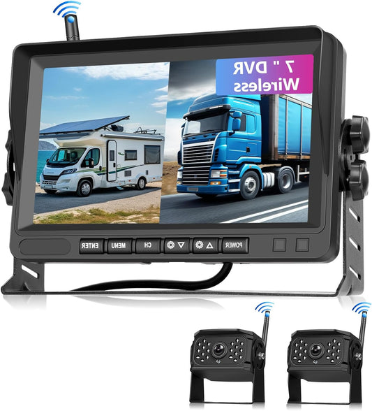 Wireless Rear Camera 1080P with 7 Inch IPS Monitor, DVR + 2 Rear Cameras for Car, IP68, Night Vision, DIY Guidelines for Truck, Bus, Van, RV, SUV, - QUORE