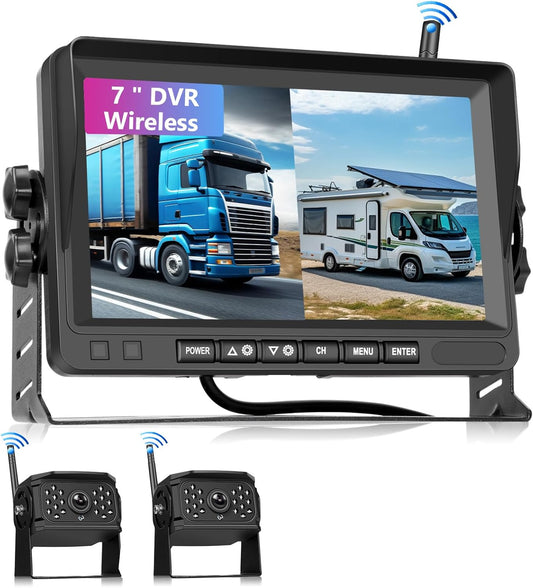 Draadloze achteruitrijcamera, 1080p, met 7 inch IPS-monitor, DVR + 2 achteruitrijcamera's voor auto, IP68, nachtzicht, doe-het-zelf richtlijnen voor vrachtwagen, bus, bestelwagen, camper, SUV,