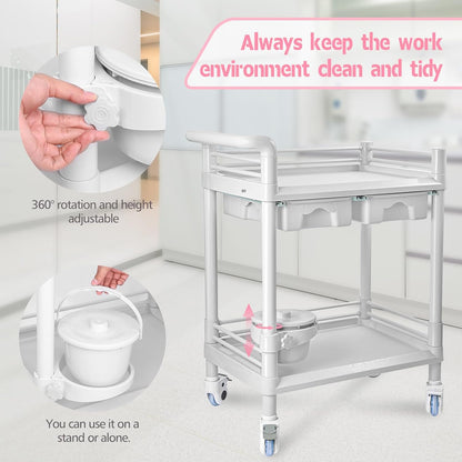 Schoonheidskar Met Wielen – Salonwagen – Werkwagen – Beauty Trolley – Kapperswagen – Voor Vacuümtherapiemachine – 2 Niveaus, 2 Grote Laden En Verwijderbare Emmer – ABS, 150 Kg Draagvermogen