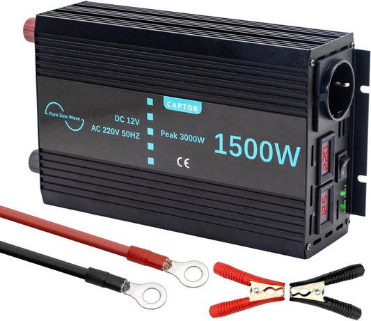 Spanningsomvormer, 1500 W/3000 W, zuivere sinusomvormer, DC 12 V naar AC 230 V, EU-stopcontact, dubbele lcd-digitale displayconverter