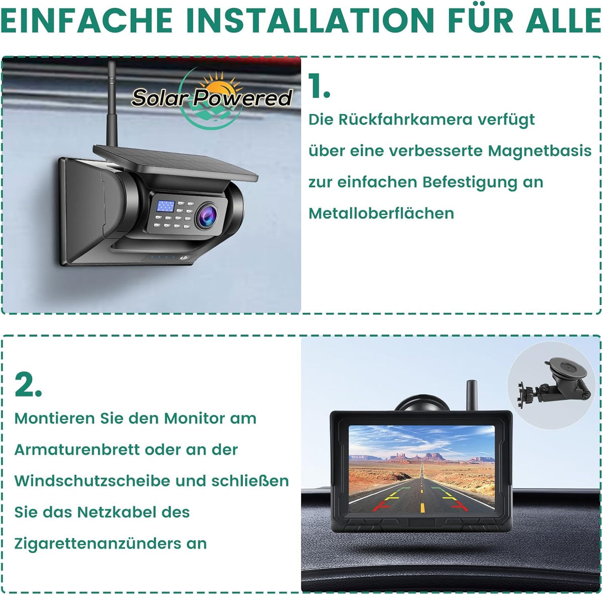 Magnetische draadloze achteruitrijcamera op zonne-energie, 5 inch monitor, AHD 1080P, achteruitrijcamera, oplaadbare batterij, geen bedrading, geen boren, draadloze back-upcamera voor