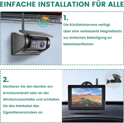 Magnetische draadloze achteruitrijcamera op zonne-energie, 5 inch monitor, AHD 1080P, achteruitrijcamera, oplaadbare batterij, geen bedrading, geen boren, draadloze back-upcamera voor