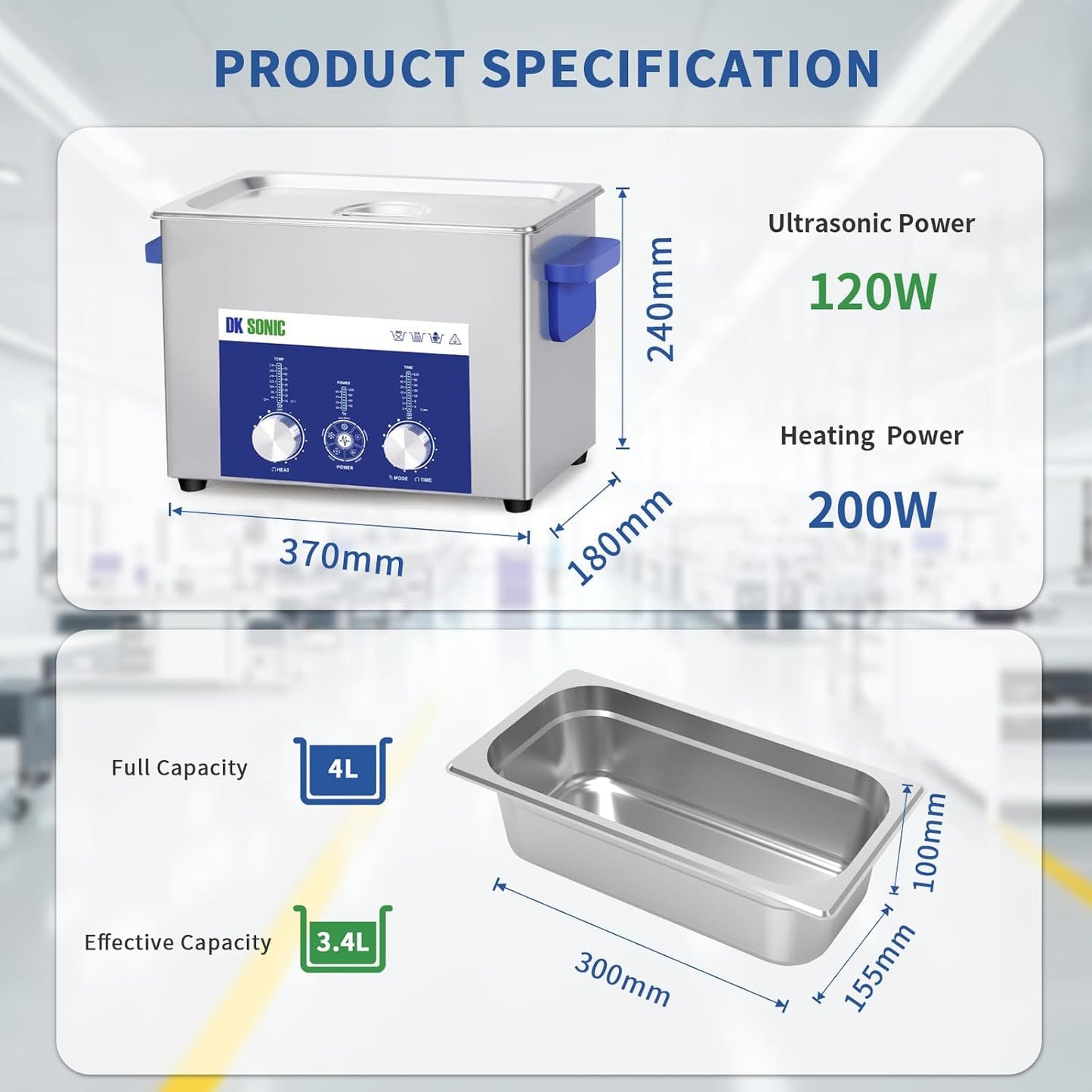 DK SONIC Ultrasone Reiniger 4L 120W, Ultrasone Sieradenreiniger met Instelbare Vermogensregeling en Vijf Standen voor het Reinigen van Brillen, Kettingen, Horloges en Munten