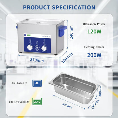 DK SONIC Ultrasone Reiniger 4L 120W, Ultrasone Sieradenreiniger met Instelbare Vermogensregeling en Vijf Standen voor het Reinigen van Brillen, Kettingen, Horloges en Munten