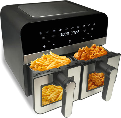 Comfy Nest, CNAFD45WS, 2400 W digitale heteluchtfriteuse met dubbele mand en 9 liter venster, gezond en snel koken, modern design, ideaal voor elke keuken, grijs