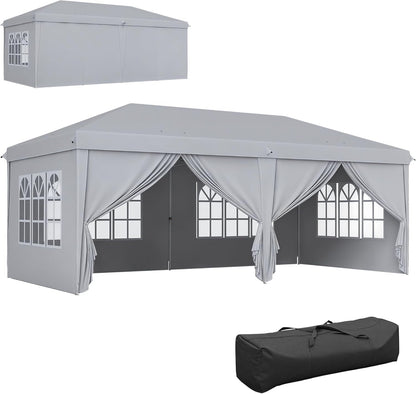 Outsunny Garden Gazebo Foldable 6 x 3 m Outdoor Gazebo Foldable Waterproof 4 Removable Side Walls 4 Windows + Carry Bag Light Grey