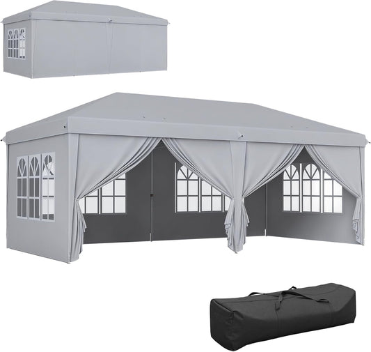 Outsunny Garden Gazebo Foldable 6 x 3 m Outdoor Gazebo Foldable Waterproof 4 Removable Side Walls 4 Windows + Carry Bag Light Grey