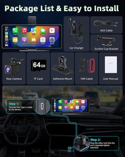 350° draaibaar: Carplay display, Android autodisplay met 4K dashcam, auto voor en achter, 10,26 inch touchscreen, draagbaar Driveplay-scherm, dual bluetooth, mirror Link, 64G TF-kaart