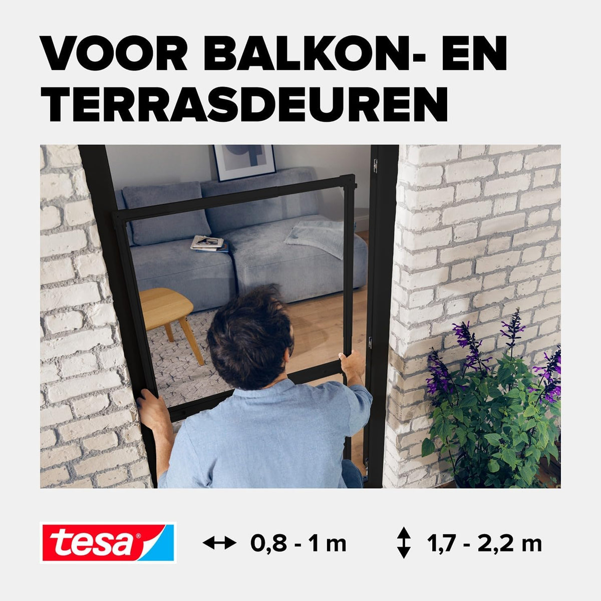 tesa Insect Stop vouwdeur - opvouwbaar aluminium frame met vliegengaas voor deuren - met verstelbaar telescopisch frame - antraciet - 80 cm x 170 cm tot 100 x cm x 220 cm