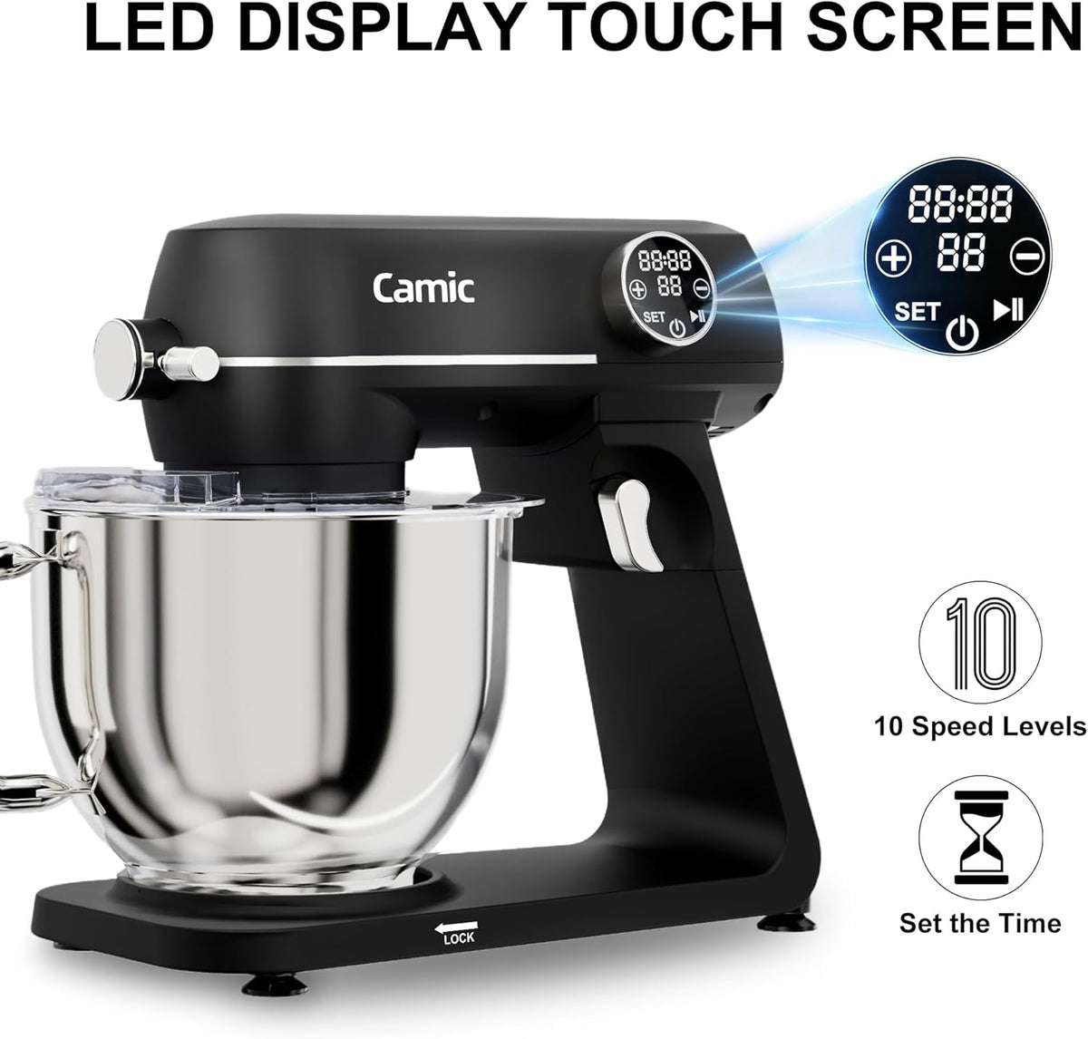 Camic Keukenmachine, 1800 W, volledig metaal, met kom van roestvrij staal, 8 l, 10 snelheden, led-touchscreen, timer, deegmixer met garde, kneedhaak en mixer voor het bereiden van taarten en brood