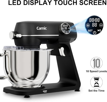 Camic Keukenmachine, 1800 W, volledig metaal, met kom van roestvrij staal, 8 l, 10 snelheden, led-touchscreen, timer, deegmixer met garde, kneedhaak en mixer voor het bereiden van taarten en brood