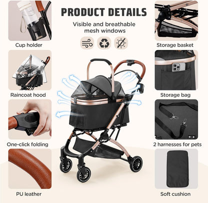 Gimars 4 in 1 Opvouwbare Kinderwagen voor Kleine/Middelgrote Honden en Katten. Draagt Tot 44 Lbs Met Afneembare Reismand Zonder Rits, 360° Voorwielen, Rem, Regenhoes, Bekerhouder, Opbergmand, Zwart
