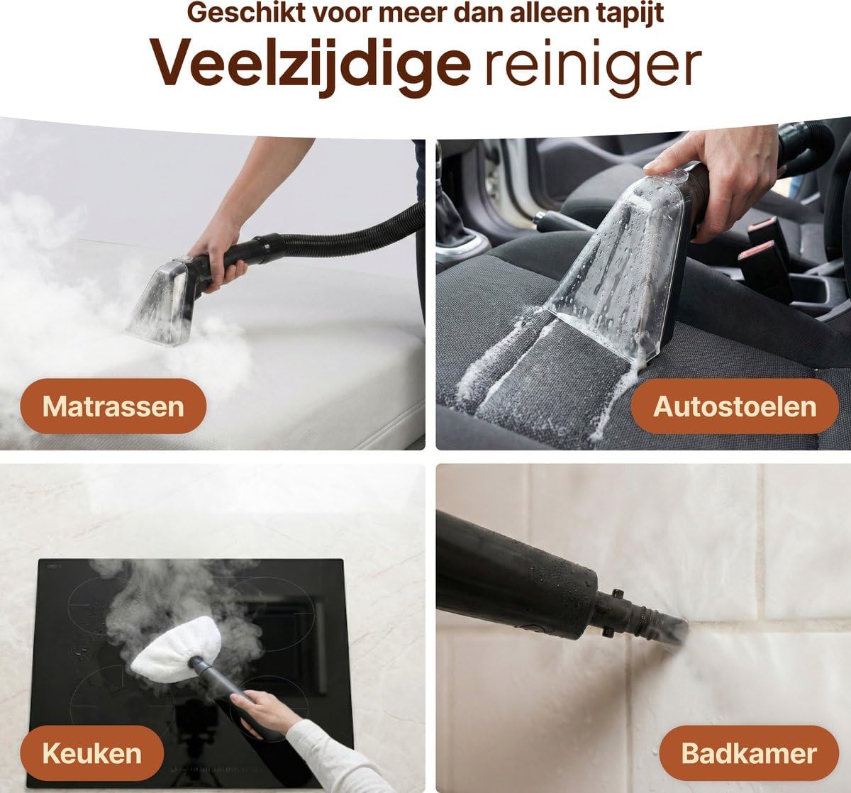 Stoomreiniger – Stoomzuiger – Tapijtreiniger – Textielreiniger – Matrasreiniger – 1650W Vermogen – 4 Reinigingsstanden met Zuigfunctie