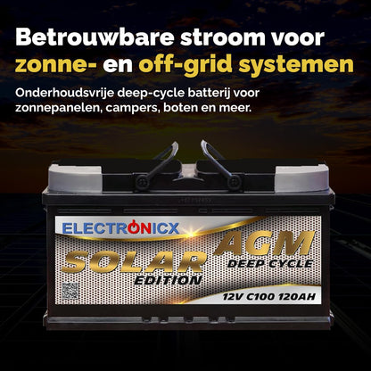Electronicx AGM boordaccu 120Ah 12V – Deep Cycle Solar Edition – 12V C100 zonne-energie accu met AGM-technologie – 353x175x190mm – onderhoudsvrij – voor camper, boot, fotovoltaïsch 120 Ah