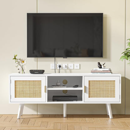 TV-meubel voor tv's tot 55 inch, rotan tv-console met 2 deuren en 2 open planken, Boho Media TV-kasten voor woonkamer, boerderij tv-units voor slaapkamer, wit