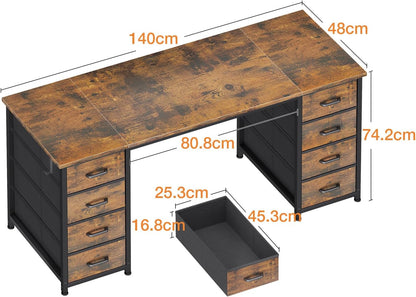 Coleshome Bureau met 8 Stoffen Laden, 140 x 48 cm, Bruin Bureau met Opbergruimte, Computertafel, Bureautafel, PC-Tafel, Kantoortafel voor Kantoor, Woonkamer, Thuiskantoor