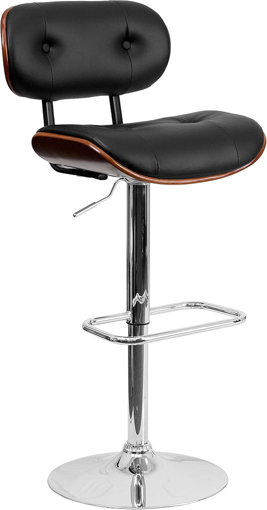 Flash Furniture Barkruk van walnoothout met verstelbare hoogte en met knopen gewatteerde zwarte vinyl bekleding