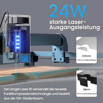 Longer Laser B1 Lasergraveermachine, 20 W, met automatische luchtondersteuning, ideaal voor doe-het-zelfwerkzaamheden op hout, metaal, papier, acryl, glas en leer, werkblad 450 x 440 mm
